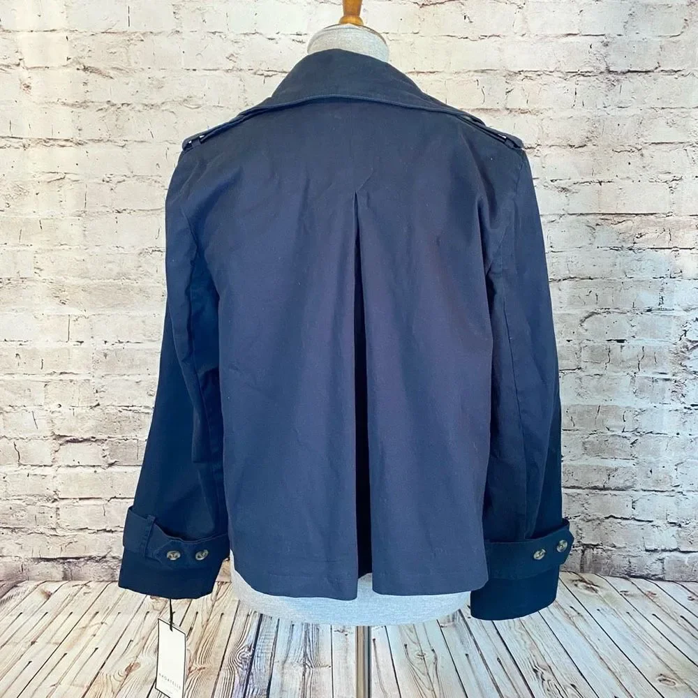 Bagatelle Womens Trench Coat Cropped Stretch Belted Cuff Stretch Blue Medium
